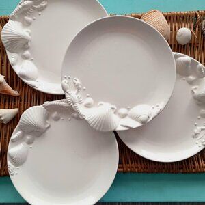 Set (4) Shell Lobster Sculpted White Ceramic Plates, Vintage Japan